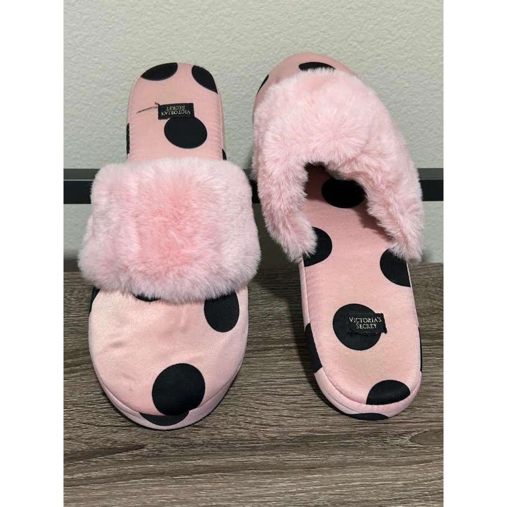 Victoria's Secret Pink Polka Dot Faux Fur Satin Slippers Medium 7-8 ST w case